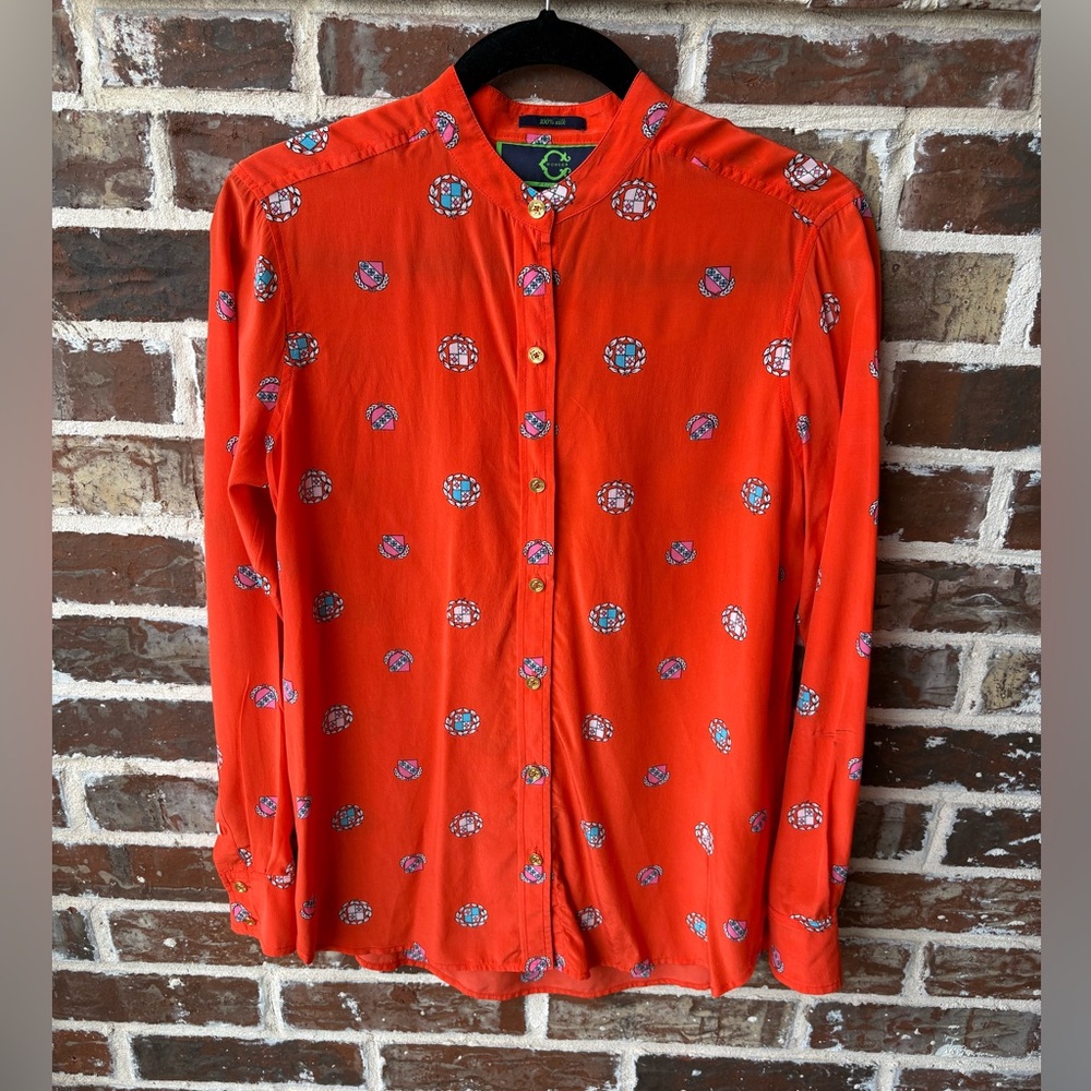 C. Wonder 100% Silk Orange Red Crest Blouse Size Small - Picture 1 of 11
